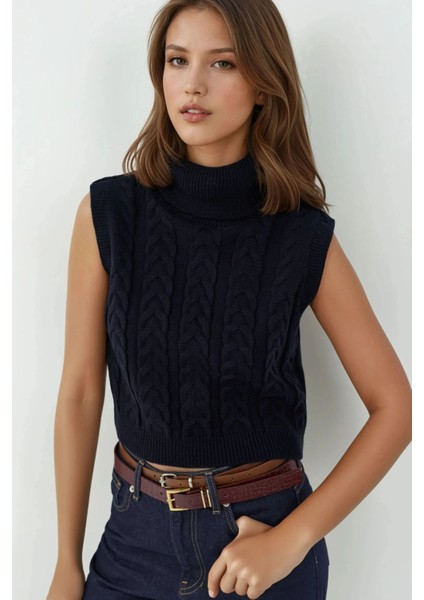 Kadın Saç Örgüsü Desenli Yüksek Yaka Örgü Süveter Kobalt Mavisi