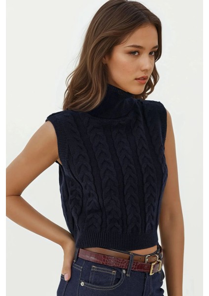 Kadın Saç Örgüsü Desenli Yüksek Yaka Örgü Süveter Kobalt Mavisi