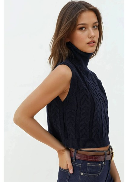 Kadın Saç Örgüsü Desenli Yüksek Yaka Örgü Süveter Kobalt Mavisi