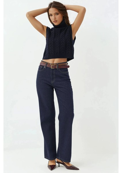 Kadın Saç Örgüsü Desenli Yüksek Yaka Örgü Süveter Kobalt Mavisi