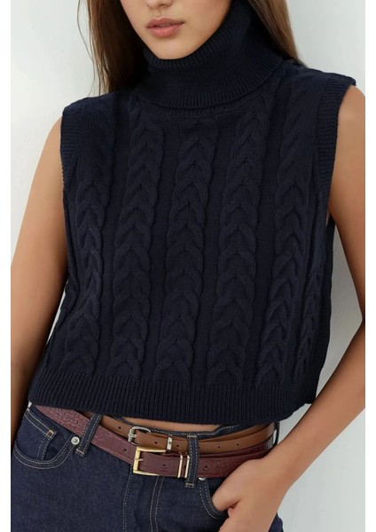 Kadın Saç Örgüsü Desenli Yüksek Yaka Örgü Süveter Kobalt Mavisi