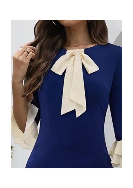 Kadın Truvakar Kollu Fiyonk Yakalı Midi Ithal Krep Elbise fiyatları