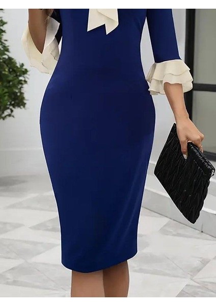 Kadın Truvakar Kollu Fiyonk Yakalı Midi Ithal Krep Elbise modelleri