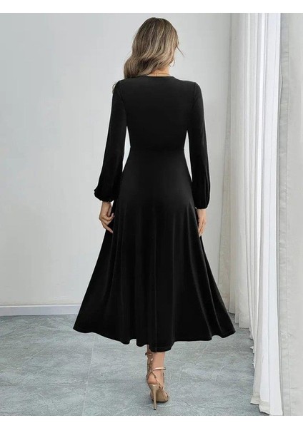 Kadın Uzun Kollu Bisiklet Yaka Midi Kadife Elbise modelleri