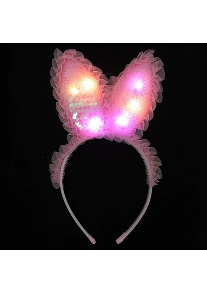 Bfs Kenarları Dantelli Pembe Pullu Payetli LED Işıklı Tavşan Kulak Taç 23X19 cm