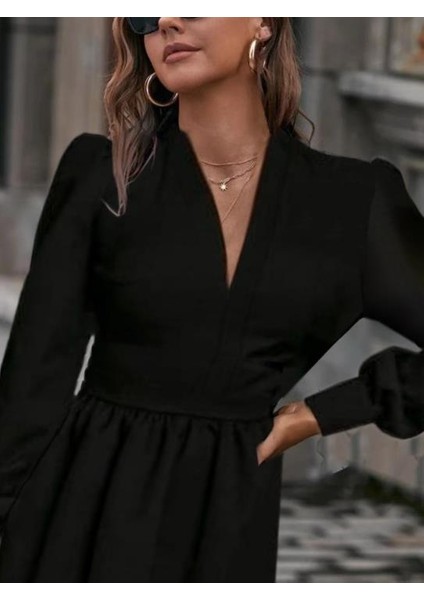 Kadın Uzun Kollu V Yaka Belden Hafif Pileli Scuba Krep Mini Boy Elbise fiyatları