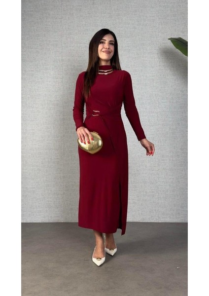 Kadın Balıkçı Yaka Toka Detay Sandy Kumaş Midi Boy Elbise fırsatları