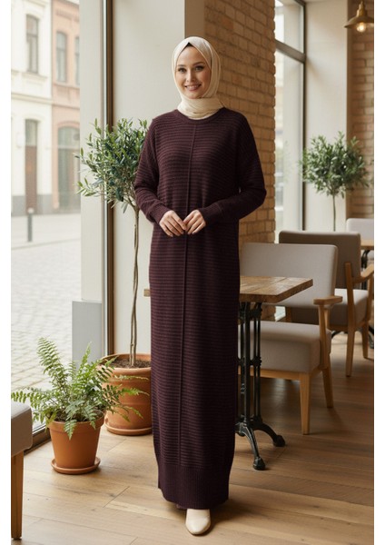 Çizgili Kahverengi Tesettür Triko Elbise 3164KH