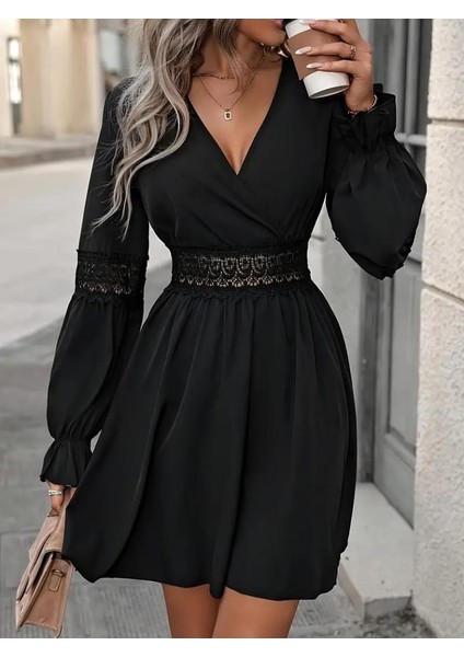 Kadın Uzun Kollu Kruvaze Yakalı Dantelli Fermuar Detaylı Kısa Ithal Krep Elbise indirimleri