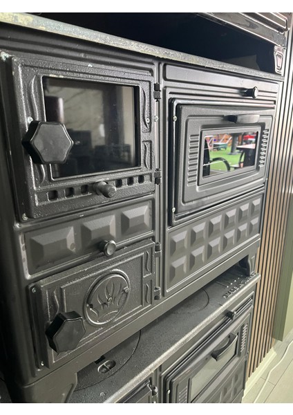 Kuzine Soba - Eko Döküm Tuğlalı - Döküm Soba - CAMLI