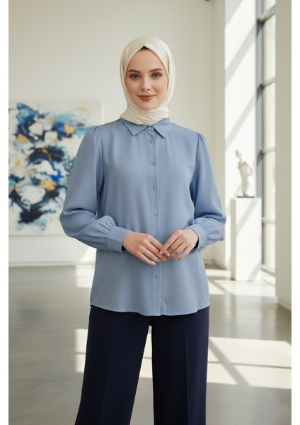 Düğmeli Bebek Mavisi Tesettür Gömlek 52284BM