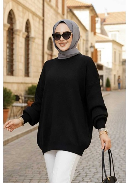 Siyah Tesettür Triko Kazak Tunik 17201S