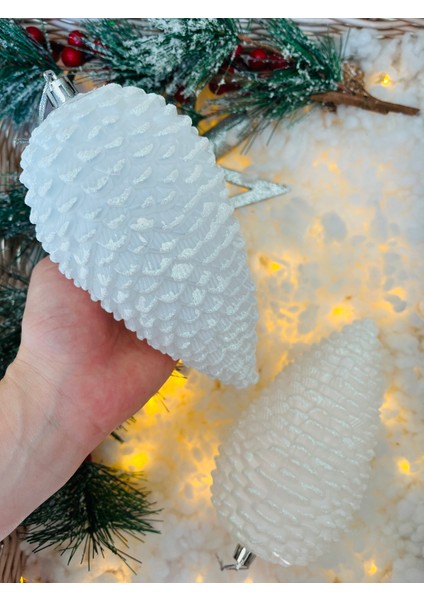 Yılbaşı Çam Ağacı Süsü Beyaz Kozalak Büyük Boy Kozalak Ağaç Süsü 17 cm 2 Adet Lüx Kozalak Ağaç Süsü