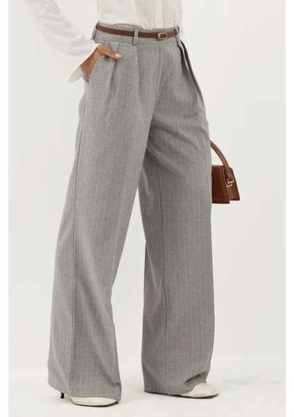 Kadın Çizgili Geniş Paça Pileli Palazzo Pantolon Gri