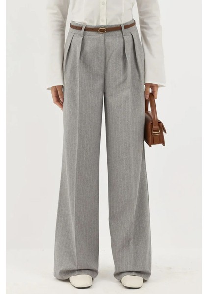 Kadın Çizgili Geniş Paça Pileli Palazzo Pantolon Gri