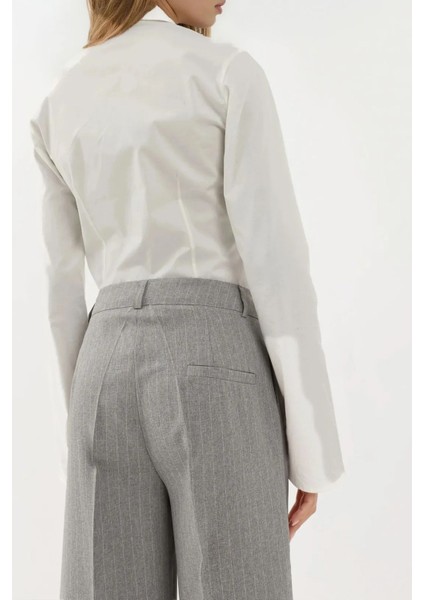 Kadın Çizgili Geniş Paça Pileli Palazzo Pantolon Gri