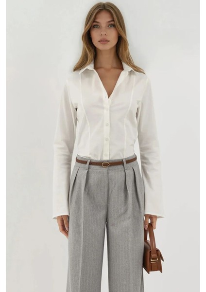 Kadın Çizgili Geniş Paça Pileli Palazzo Pantolon Gri