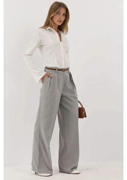 Kadın Çizgili Geniş Paça Pileli Palazzo Pantolon Gri