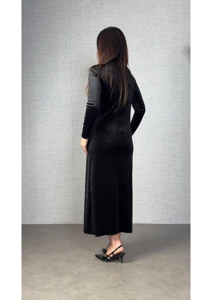 Kadınbalıkçı Yaka Büzgü ve Taş Işleme Detay Maxi Boy Kadife Elbise fiyatları