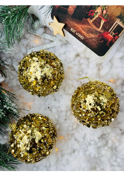 Yılbaşı Çam Ağacı Süsü Gold Altın Pullu Top Süs 8 cm 3 Lü Paket Cici Top