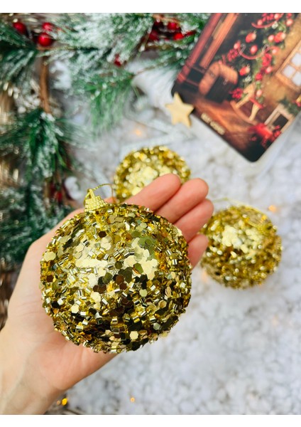 Yılbaşı Çam Ağacı Süsü Gold Altın Pullu Top Süs 8 cm 3 Lü Paket Cici Top fiyatları