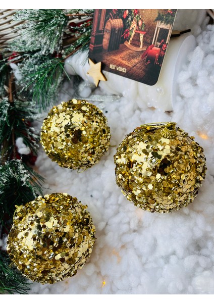 Yılbaşı Çam Ağacı Süsü Gold Altın Pullu Top Süs 8 cm 3 Lü Paket Cici Top modelleri