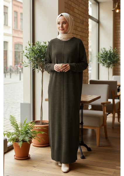 Çizgili Haki Tesettür Triko Elbise 3164HK