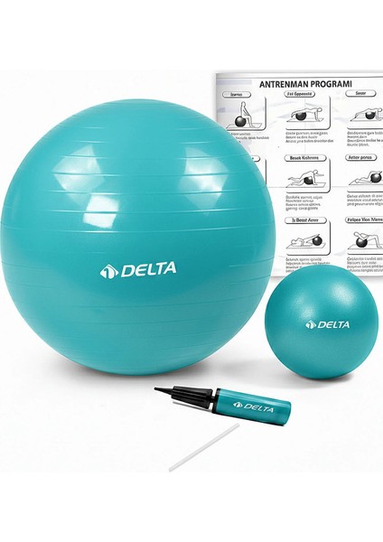 65 cm Pilates Topu Şişirme Pompası ve 20 cm Denge Topu Seti Egzersiz Topu 65CM Plates Seti Turkuaz