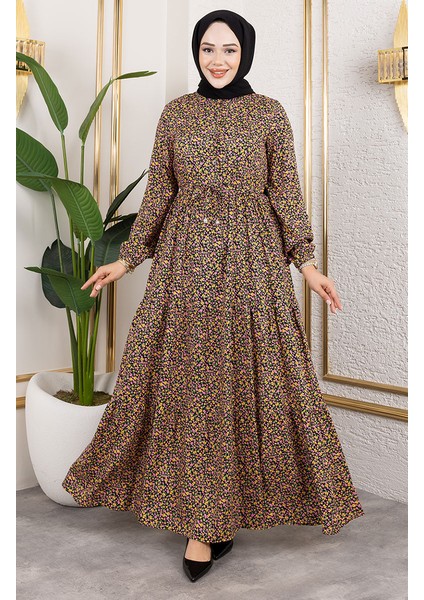 Efsun Çiçek Desenli Elbise 7136-01 Sarı