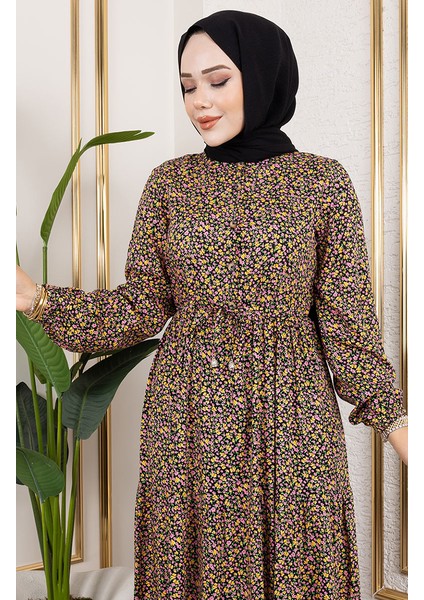 Efsun Çiçek Desenli Elbise 7136-01 Sarı modelleri