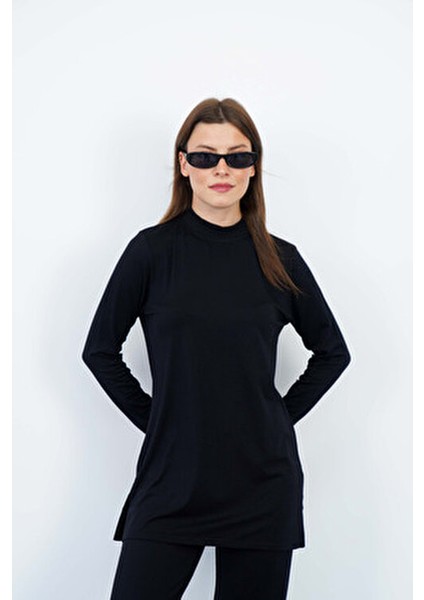 Kadın Viskon Dik Yaka Tunik Uzun Kol Düz Desen Siyah Renk