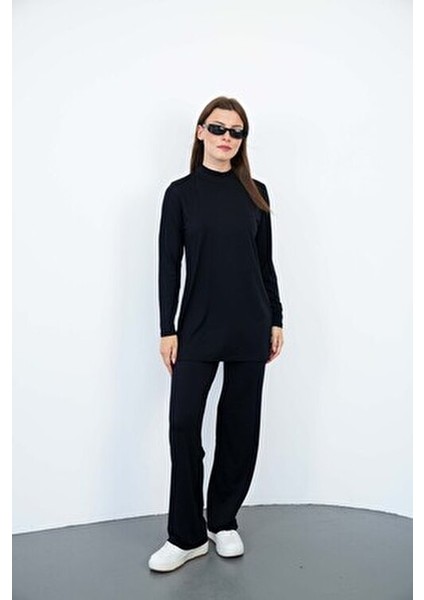 Kadın Viskon Dik Yaka Tunik Uzun Kol Düz Desen Siyah Renk