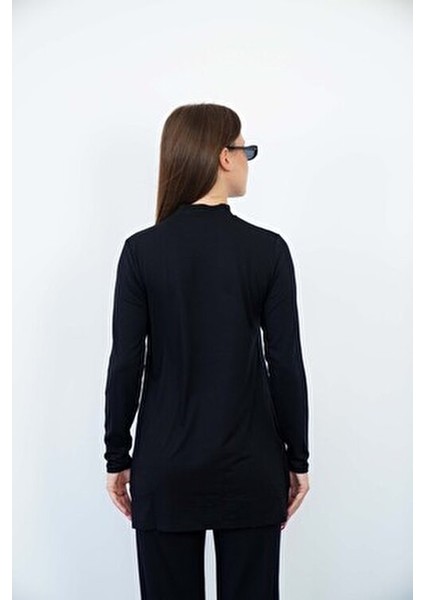 Kadın Viskon Dik Yaka Tunik Uzun Kol Düz Desen Siyah Renk