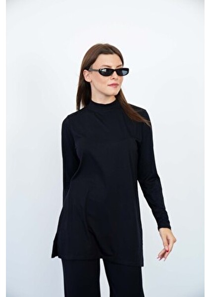 Kadın Viskon Dik Yaka Tunik Uzun Kol Düz Desen Siyah Renk