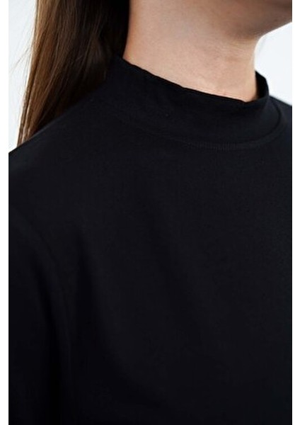 Kadın Viskon Dik Yaka Tunik Uzun Kol Düz Desen Siyah Renk