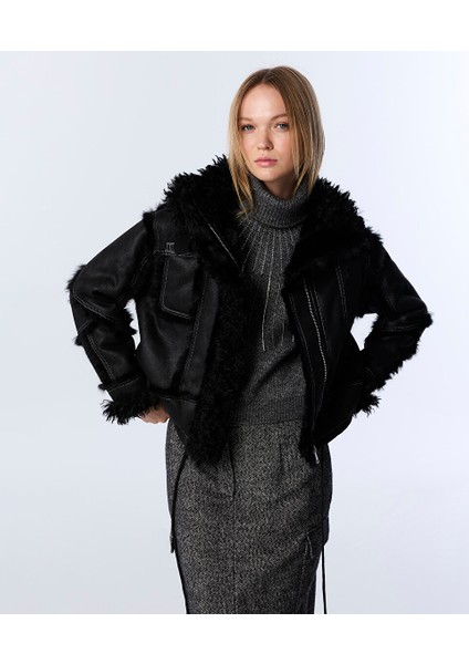 Deri Görünümlü Suni Kürk Mıx Mont TW6240012173001