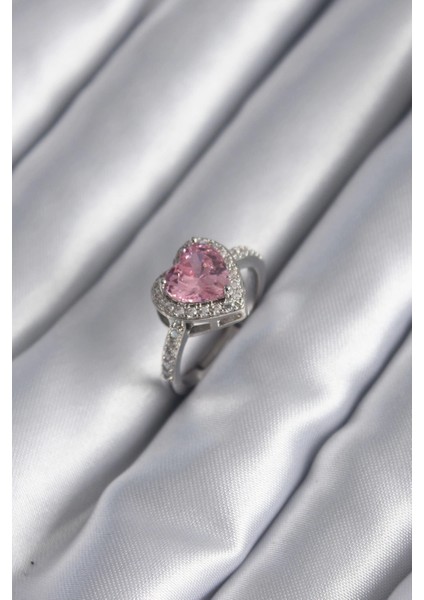 Bfs Gümüş Renk Pembe Zirkon Taşlı Charm Kalp Model Kadın Yüzük