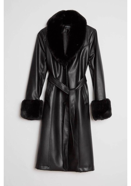 Kadın Yakası ve Manşeti Sabit Kürklü Midi Boy Deri Trençkot modelleri