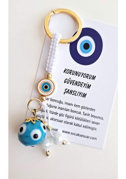 Lüks Hediyelik Nazzar Boncuklu Şans Anahtarlık - Beyaz 10,5 cm