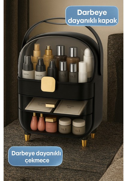 3 Katlı Çekmeceli Makyaj Organizeri Makyaj Takı ve Kozmetik Ürün Düzenleyici Darbeye Dayanıklı