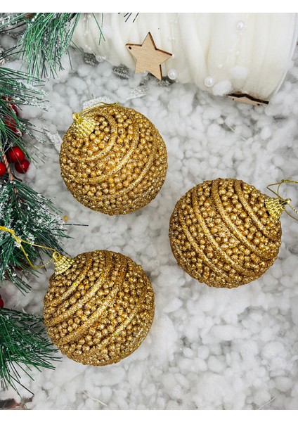 Yılbaşı Çam Ağaç Süsü Gold Altın Hasır Ip Motifli Top Süs 8 cm 3 Lü Paket