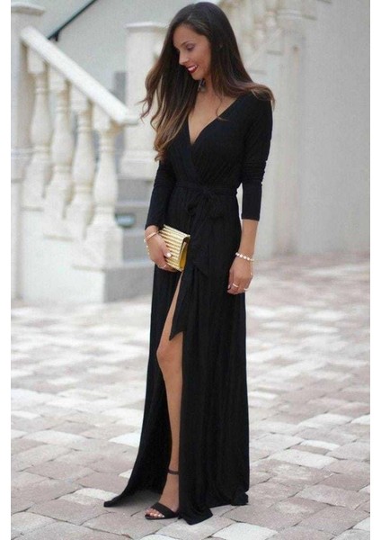 Kadın Uzun Kollu Derin V Kruvaze Yaka Beli Lastik Yırtmaç ve Bağcık Detaylı Sandy Tam Boy Elbise fiyatları