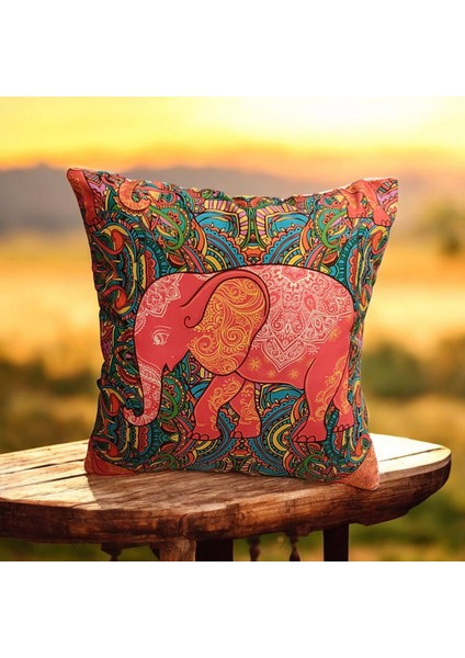 Dijital Baskı Pamuklu Fil Motifli Etnik Kare Kırlent Kılıfı