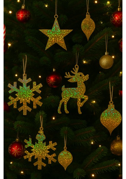 5’li Altın Hologram Yılbaşı Ağacı Süsü Seti – Parlak Holografik (Ipli , 5 Farklı Model)