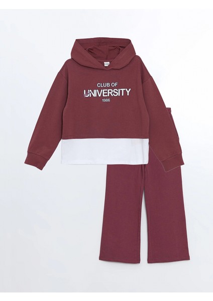 Lcw Kids Bordo Kapüşonlu Baskılı Kız Çocuk Sweatshirt ve Eşofman Alt 2'li Takım