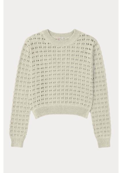 6832 Kadın Ajurlu Crop Triko Kazak Taş