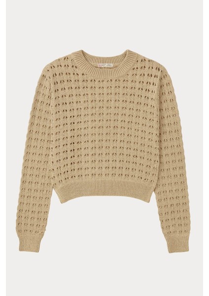 6832 Kadın Ajurlu Crop Triko Kazak Camel