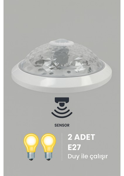 Ares Group Sensörlü 360 derece Hareket Algılayıcılı Tavan Armatürü Otomatik Aydınlatma E27 Uyumlu 2 Ampul Girişli