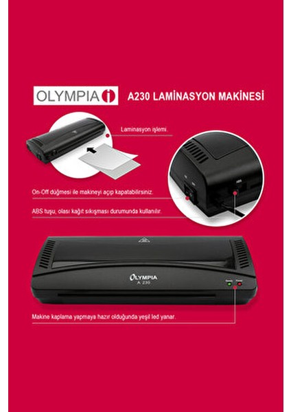 A230 Plus 4in1 Laminasyon Makinesi A4 Siyah Renk 2 Yıl Garanti ile
