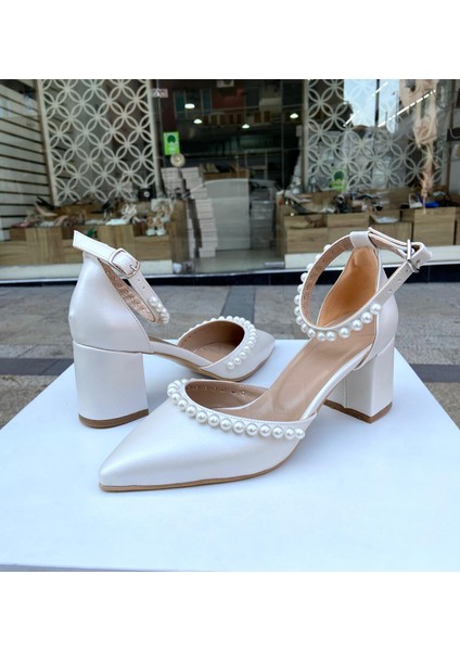 Sedef Deri Incili 6cm Kalın Topuklu Ayakkabı -Düğün Nikah Ayakkabısı modelleri